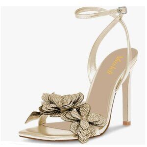 miss left Pale Gold Rhinestones Stiletto Heel with Strap Buckle Flower Sandals